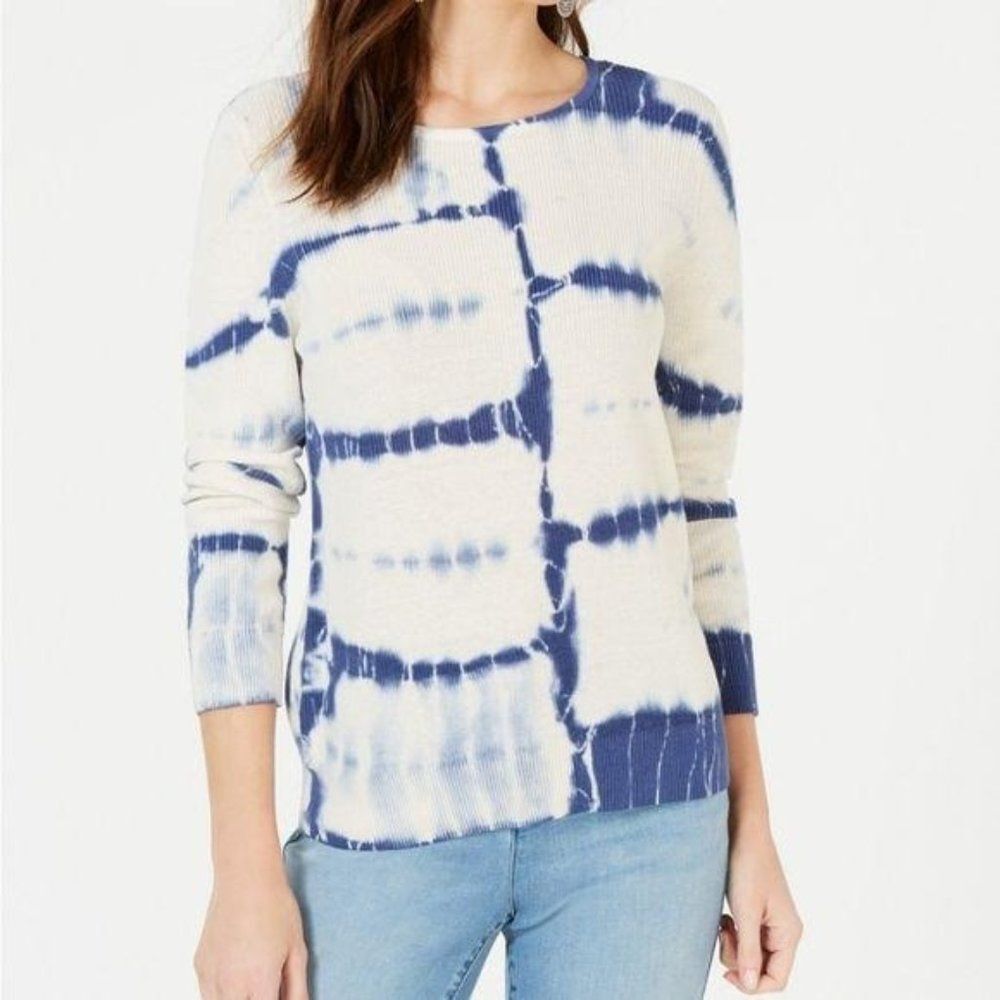INC Tie-Dye Cotton Long Sleeve Knitted Round Neck Sweater Size Large White Blue